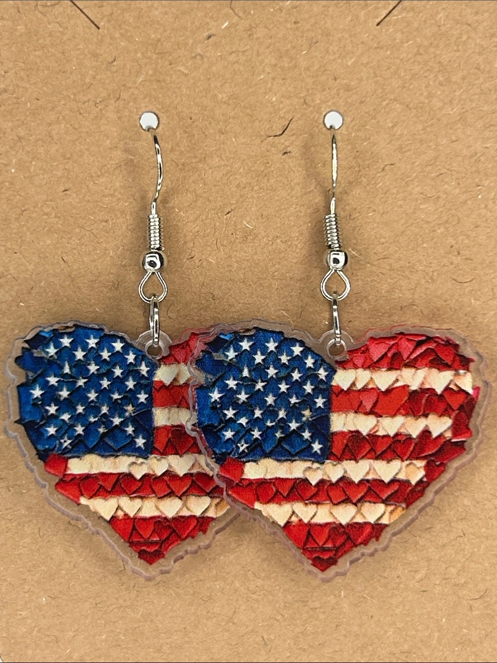 American Flag Heart Dangle Earrings - Red, White & Blue